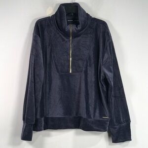 Halston Velour Ribbed Pullover 1/4 Zip Jacket, Women's Size XL - Navy